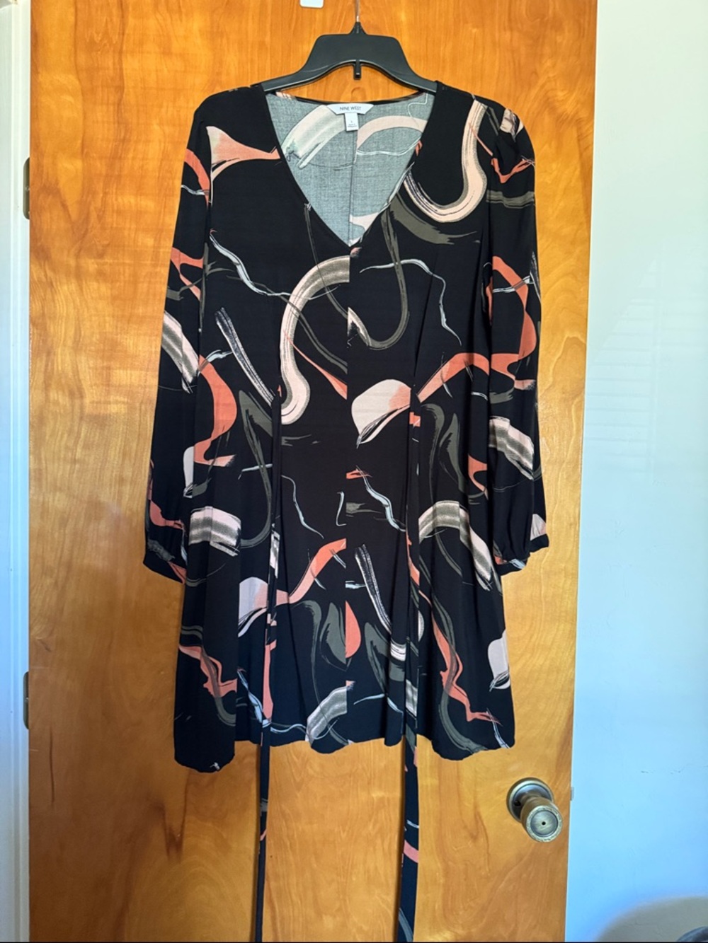 Nine West Black Abstract-Print V-Neck Dress with Coral and Cream Accents